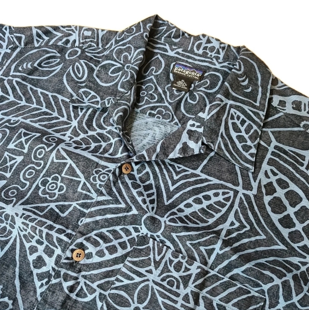 Vtg 90s Patagonia Surfer Camp Shirt XL Blue Organic Cotton Tropical Loop Collar
